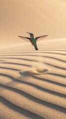 Obraz premium Small hummingbird hovers mid air over rippled sand dunes. Bird wings blur, tiny body iridescent green. Desert landscape bathed in warm golden hour sunlight.