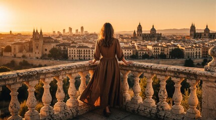Obraz premium Woman in long dress on balcony looks at city skyline at golden hour. Elderly buildings and modern skyscrapers mix in warm sunset light. She views panorama from old stone terrace.