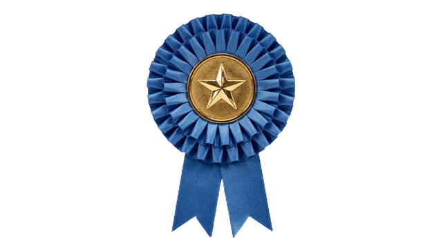 Blue ribbon award rosette with gold star medallion isolated on white background