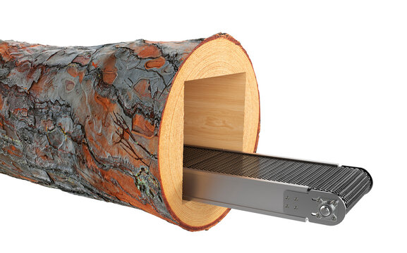 creative 3D illustration of a modern industrial conveyor belt passing through a hollow wooden log. The concept combines natural wood texture with industrial machinery, 