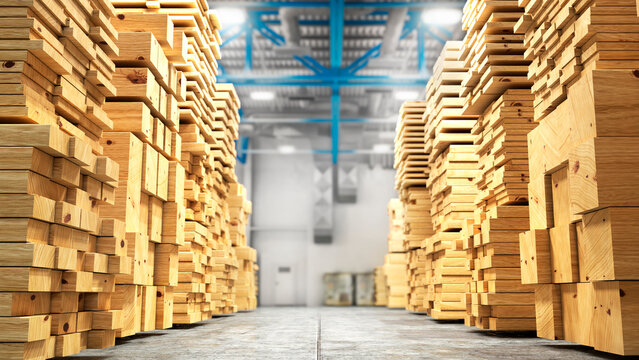 Large stacks of wooden lumber and timber boards stored inside a modern warehouse. Industrial storage facility with organized wood materials, construction supplies and natural timber textures. 