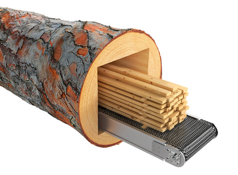 3D illustration of stacks of wooden lumber stored inside a large industrial warehouse. Timber boards arranged in rows with a modern blue steel structure in the background.