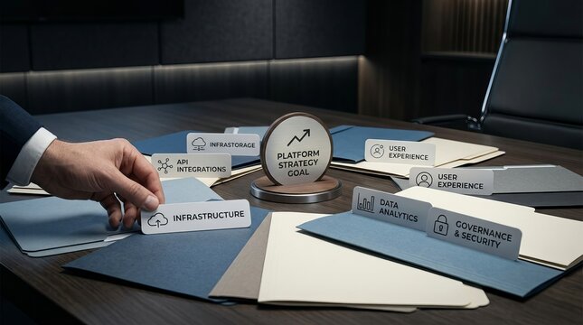 A business professional's hand organizing infrastructure cards around a platform strategy goal during a meeting.