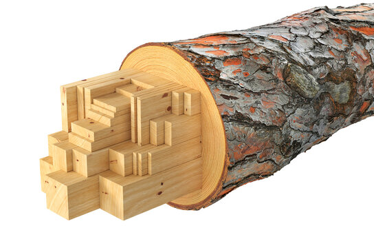 Stacks of wooden lumber boards stored in a large industrial warehouse, creating a realistic perspective view of a timber storage facility. 3D illustration.