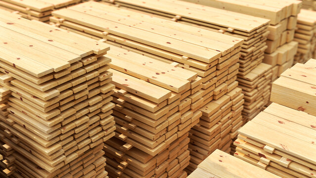 3D illustration of stacked wooden lumber and timber boards in a large warehouse, showing organized wood materials and construction supplies.