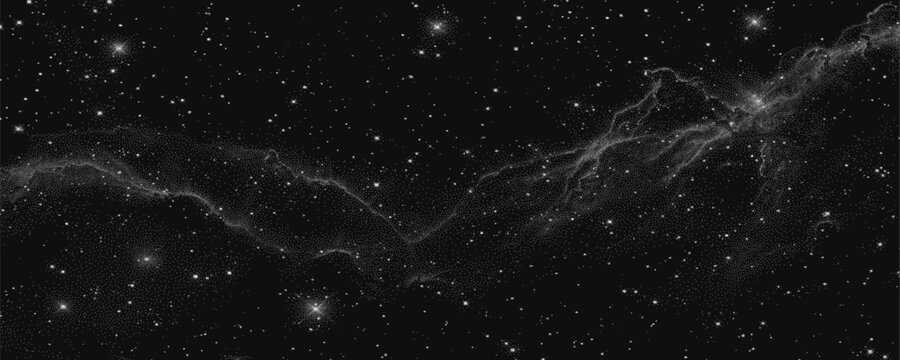 Night sky panorama with sparkling star clusters and flowing nebula haze. Grainy galaxy backdrop in vintage dotted texture for collage, music artwork, or banner. Vector illustration