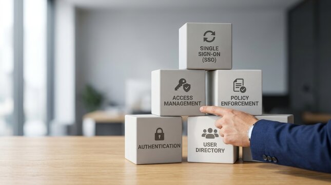 Business cybersecurity pyramid showing authentication access management and policy enforcement.
