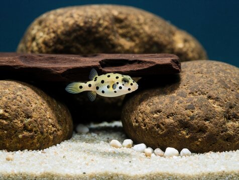 Small pea puffer fish swims in freshwater aquarium among rocks and wood. Cute spotted aquatic animal in its tank habitat. Peaceful underwater scene for aquascaping or pet care content.