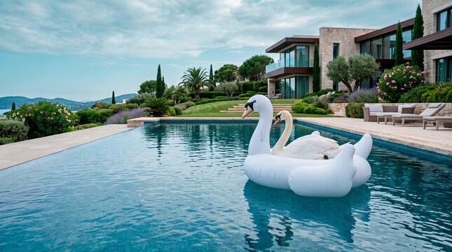 Swans on inflatable float in luxury swimming pool beside modern villa