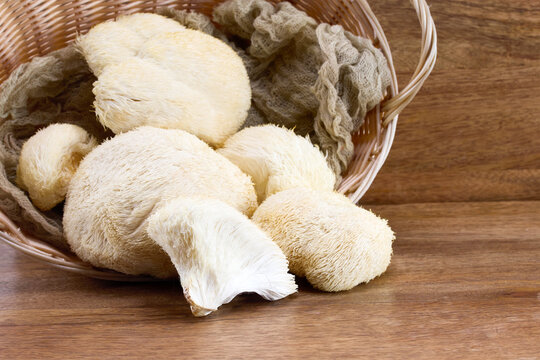 Lion's mane mushrooms in basket on wooden table