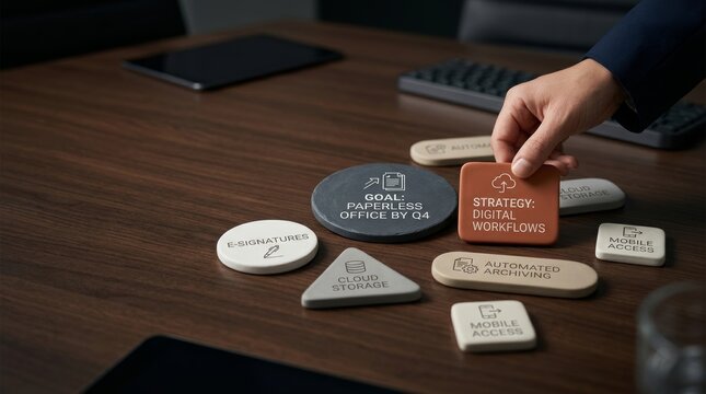 Professional choosing strategy digital workflows stone piece to reach goal paperless office on desk