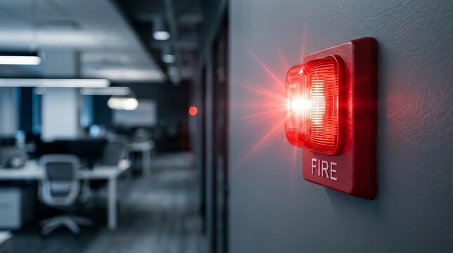 Red warning light from an emergency fire alarm system in a modern office building.