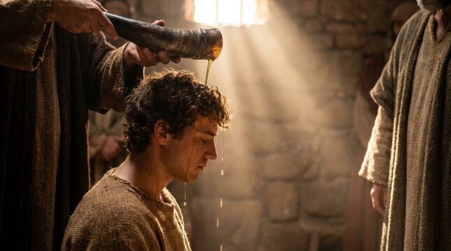 Ancient biblical ritual showing a king being anointed with holy oil from a horn.