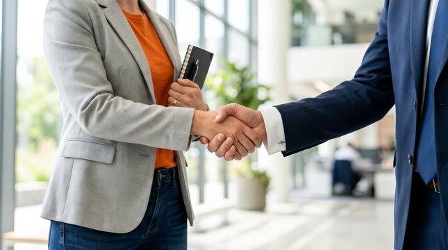 Two businesspeople shaking hands after a successful deal contract is completed.