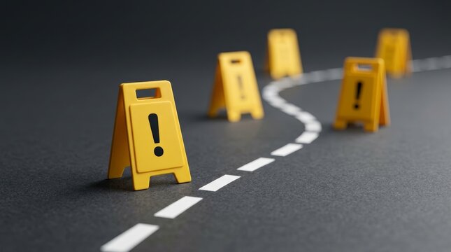 Yellow warning signs are placed along a winding path to represent navigating a risky area with caution.