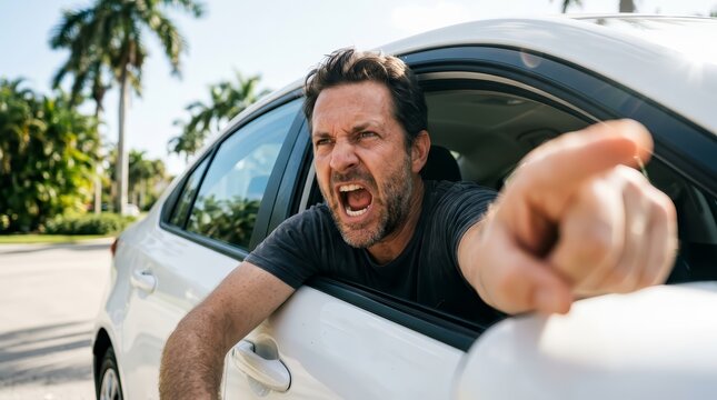 Angry man shouting and pointing his finger out of a car window during a road rage incident.