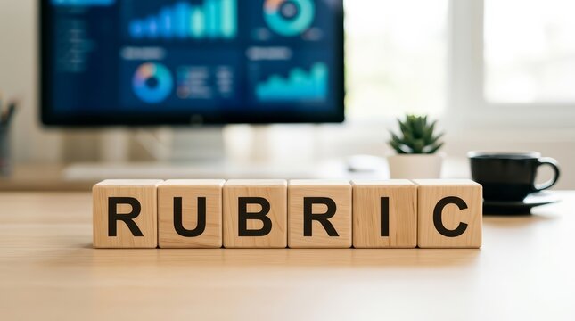 Wooden blocks spelling RUBRIC on a desk for assessment framework and performance evaluation.