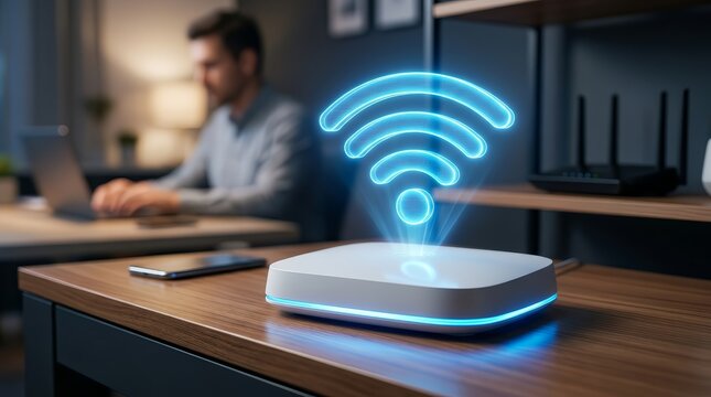 Modern Wi-Fi router with glowing digital signal on a desk representing fast internet connection.