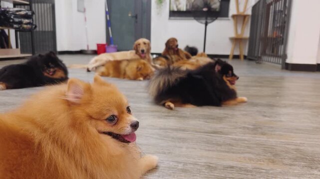 Diverse group of domestic dogs, including fluffy pomeranians and calm golden retrievers, lying comfortably on a light wooden floor, creating a peaceful and friendly atmosphere in a dog cafe