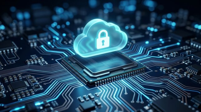 A glowing cloud with a padlock icon hovering over an intricate digital circuit board for data sovereignty.