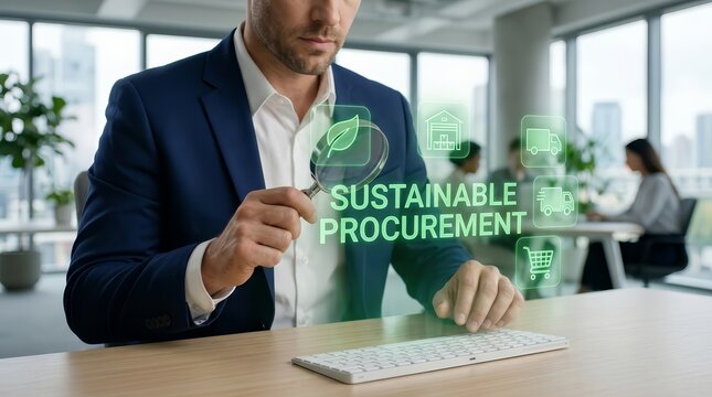 A professional uses a magnifying glass to examine digital icons for sustainable procurement in a modern office.