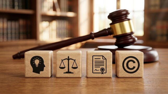 Wooden judge gavel and wooden blocks representing copyright and intellectual property protection concepts.
