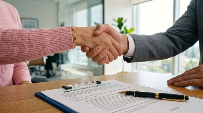 HR professional and job applicant shaking hands after a successful business employment interview.