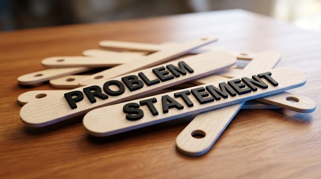The words PROBLEM STATEMENT are printed on wooden sticks for business problem solving and analysis.