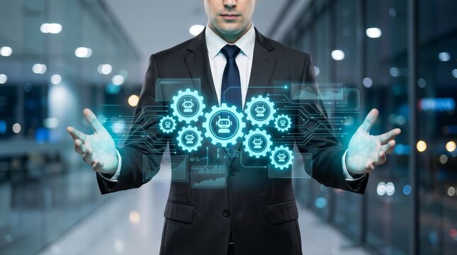 Businessperson managing AI collaboration through multi-agent AI systems and gear icons.