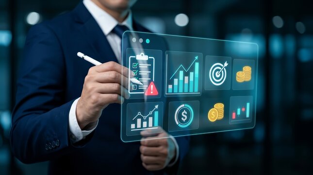 A businessman performing business investment risk management and assessment strategy for financial forecasting.
