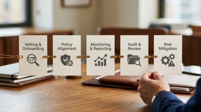 Businessman hand placing a card labeled risk mitigation as part of a compliance process on a wooden table in an office