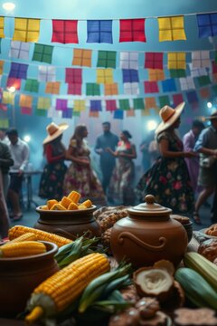 Traditional Brazilian Festa Junina Festival with Corn Food and Colorful Bunting