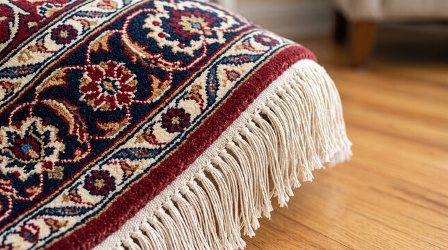 Traditional patterned rug detail showcasing fringe and border, classic design for home decor, flooring, luxury interiors, and cultural heritage concepts