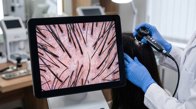 Professional trichologist using a specialized dermatoscopy device for a detailed scalp examination and hair analysis, identifying issues and promoting healthy growth for a client