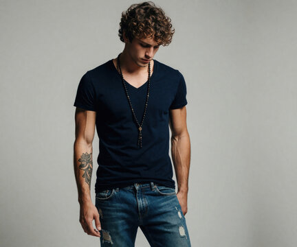 Young man with curly hair wears dark t-shirt and ripped jeans. He looks down pensively, posing against a plain backdrop. Model shows casual style and a tattoo on his arm.