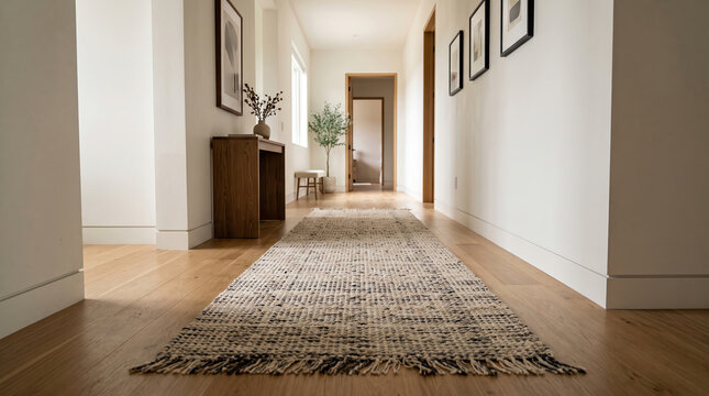 Modern hallway featuring a stylish woven runner rug on light hardwood flooring, creating an inviting, minimalist home interior with contemporary decor and natural light