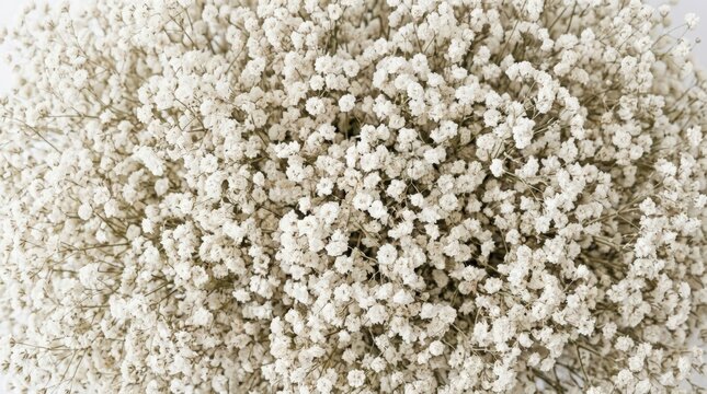 Dense arrangement of white gypsophila baby breath flowers background.