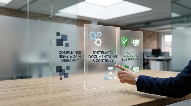 Transparent boards detailing compliance risks data disparity, systematic documentation, and audit readiness with icons and text.