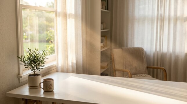 Dust motes dancing in sunbeams by window with plant and coffee.