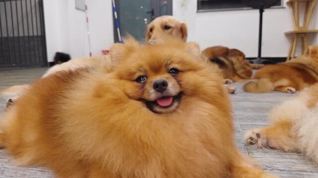 Fluffy pomeranian dog happily resting on the floor in a pet friendly cafe, surrounded by other golden retriever dogs, creating a warm and comforting atmosphere of companionship and relaxation