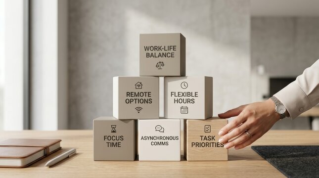 Work life balance cube pyramid showing remote options and flexible hours with female hand