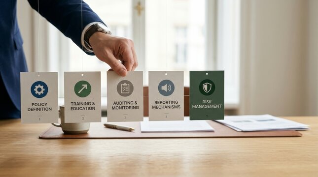 Business compliance cards on hanging strings with hand choosing auditing and monitoring card