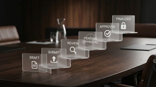Glass stairs showing document approval workflow on conference table inside modern office