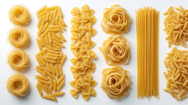 Assorted raw pasta shapes arranged in neat rows on white background. Includes spaghetti, penne, farfalle, fettuccine nests, and fusilli. Variety of Italian dry noodles for cooking.