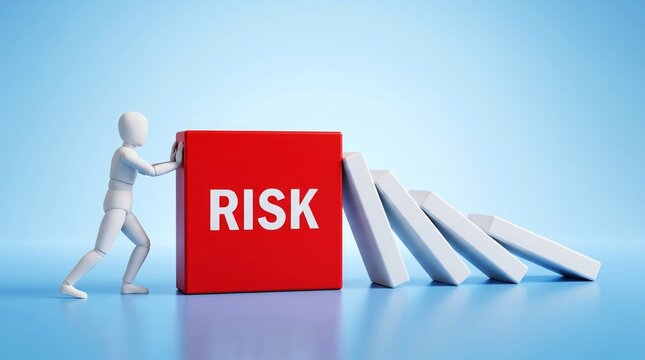 White mannequin pushes a large bright red cube labeled risk to stop a domino effect of falling white blocks