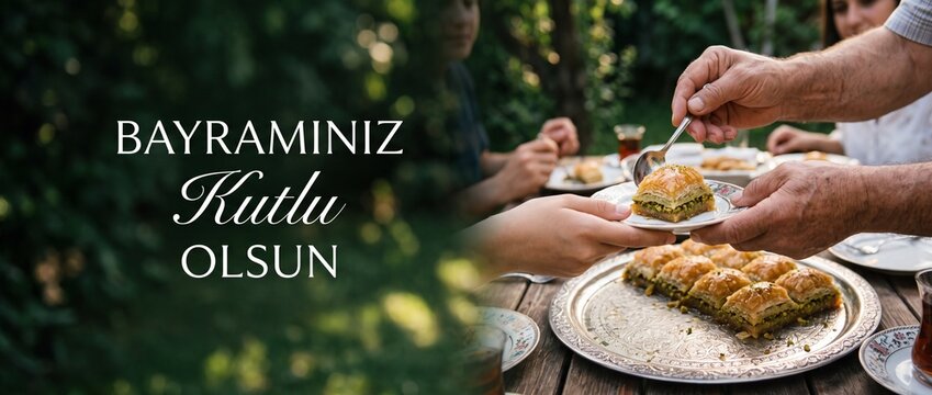 Turkish baklava Eid Bayram dessert serving plate for family celebration dinner in garden with Bayraminiz Kutlu Olsun Turkish text greeting card banner background for Seker Bayrami holiday celebration
