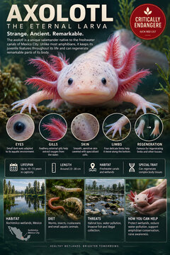 Realistic axolotl wildlife infographic poster with anatomy details, regeneration facts, Xochimilco habitat, threats and conservation information. Educational amphibian conservation design.
