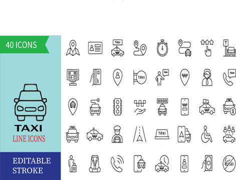 Taxi Editable Outline Icons Set, Taxi Service, Cab, Transportation, Car Rental, Ride Hailing, Airport Transfer, Urban Mobility, Travel, Navigation and Public Transportation Vector Illustration