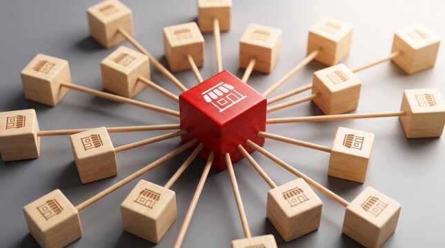 Red wooden cube featuring a store icon connects to many natural wooden blocks using thin sticks in organized geometric pattern