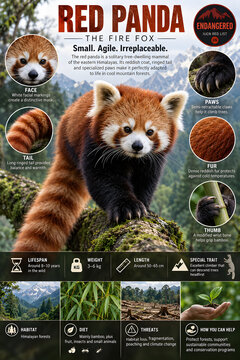 Red panda wildlife infographic featuring a detailed portrait, Himalayan forest habitat, anatomy highlights, key facts, diet, threats and conservation information.
